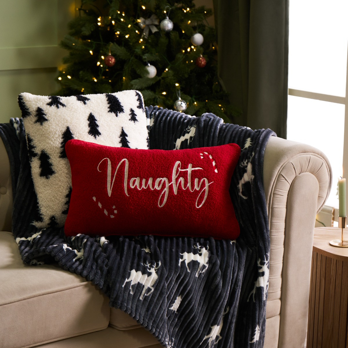 OHS Naughty And Nice Filled Cushion - Red/Cream>