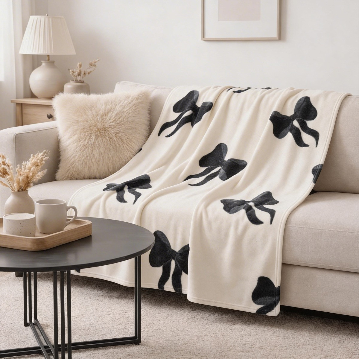 OHS Bow Print Fleece Throw - Monochrome>