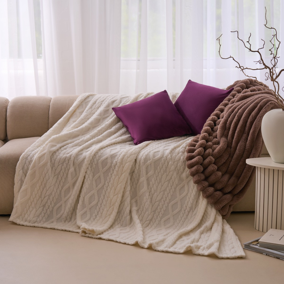 OHS Cable Knit Family Throw - Cream>