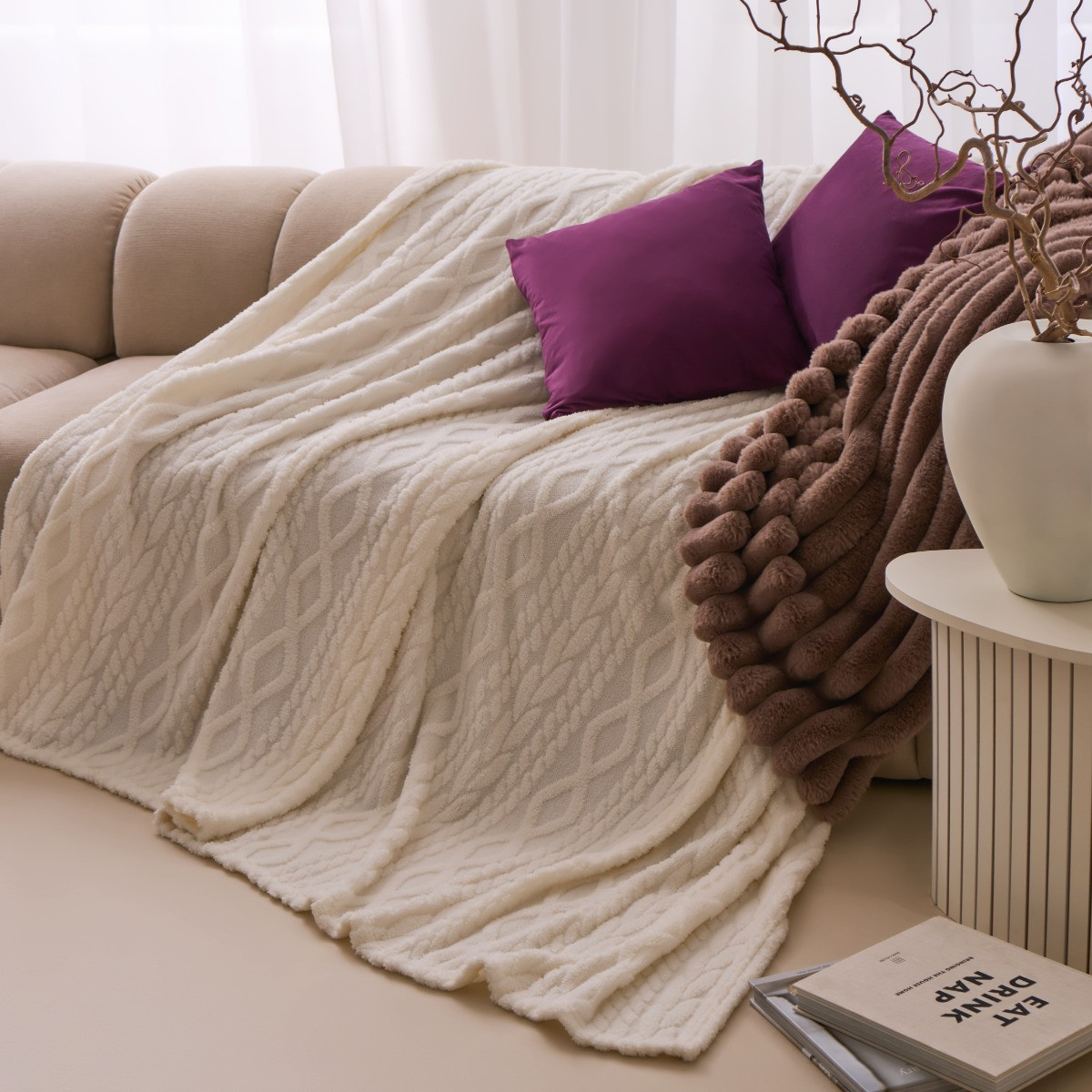 OHS Cable Knit Family Throw - Cream>