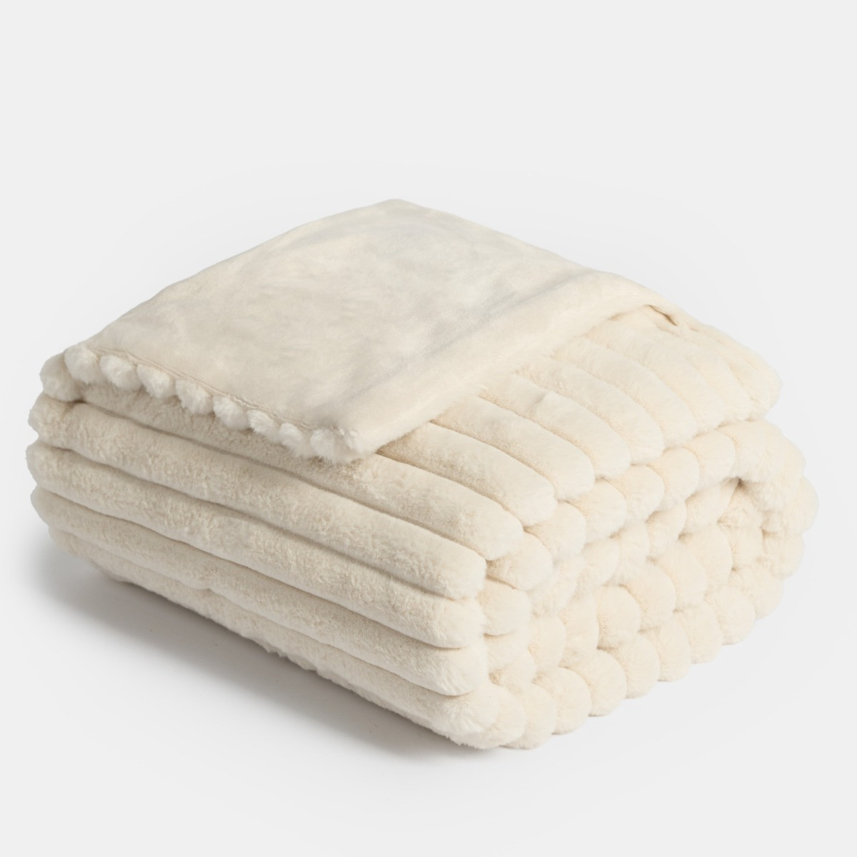 OHS Faux Fur Thick Ribbed Throw, Natural - 125 x 150cm >