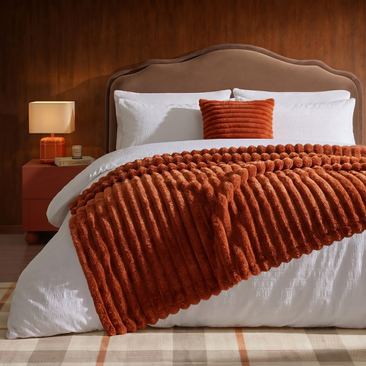 OHS Faux Fur Thick Ribbed Throw - Rust>