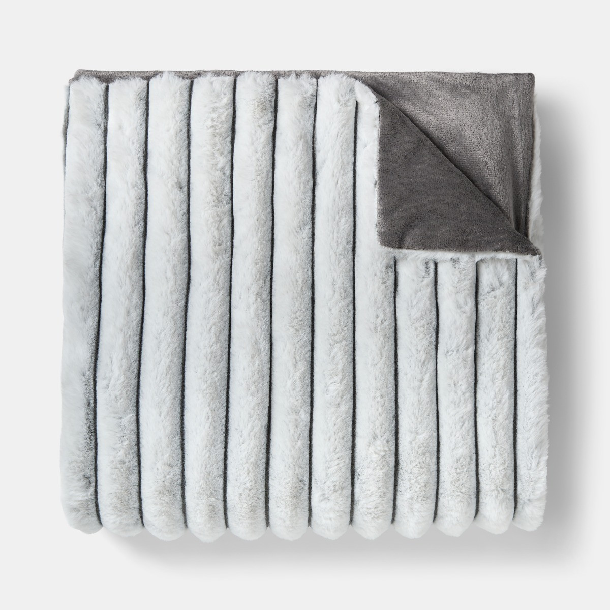 OHS Two Tone Faux Fur Thick Ribbed Throw - Grey/White>