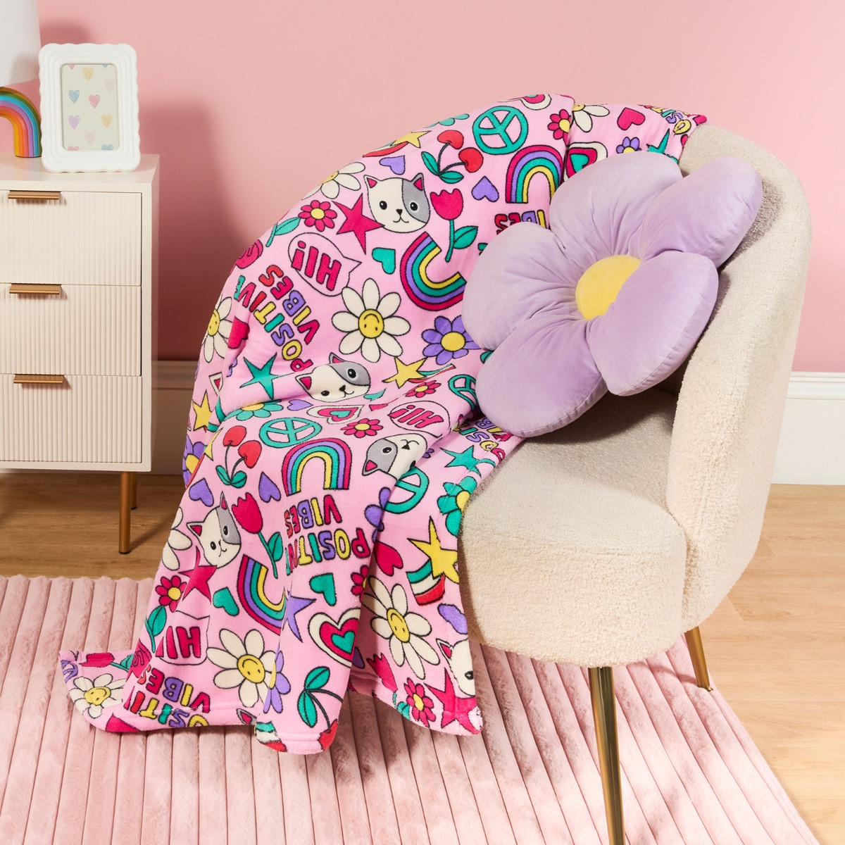 OHS Positive Vibes Print Sherpa Reverse Throw - Multi>