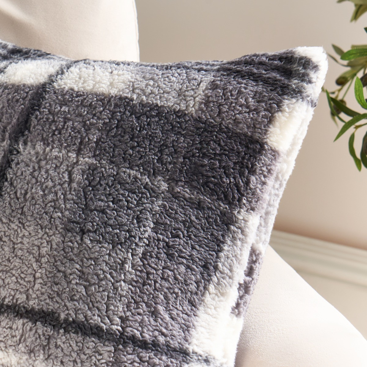OHS Winter Check Teddy Cushion Covers - Charcoal>
