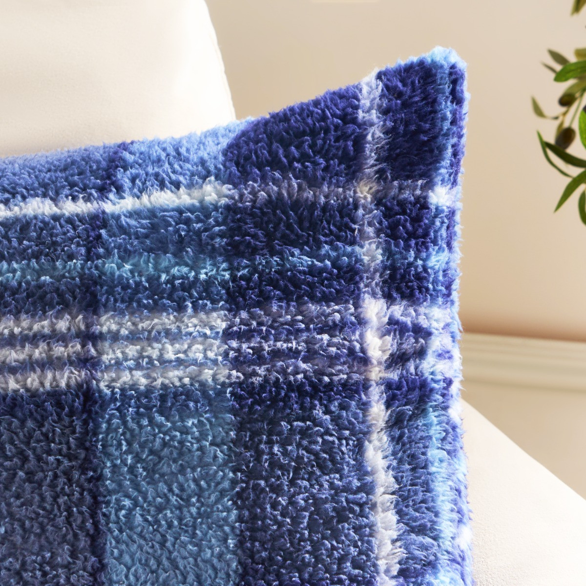 OHS Winter Check Teddy Cushion Covers, Navy - 45 x 45cm>