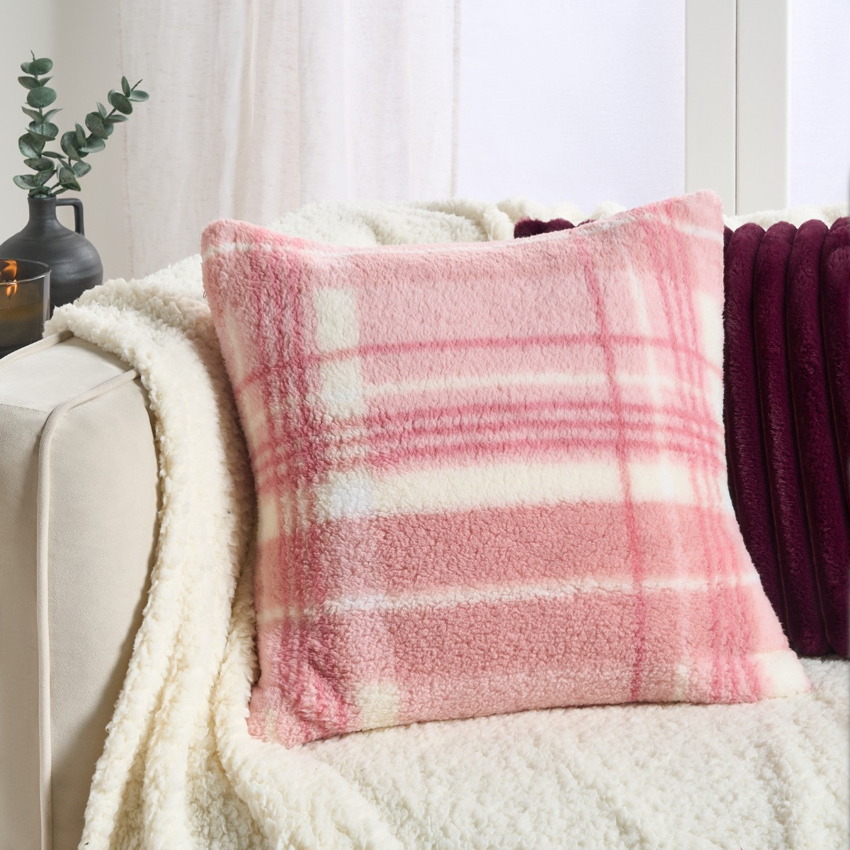 OHS Winter Check Teddy Cushion Covers - Blush>