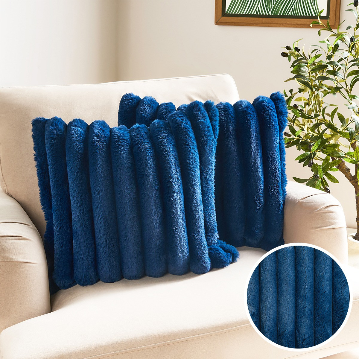 OHS Jumbo Faux Fur Rib Cushion Covers - Navy>