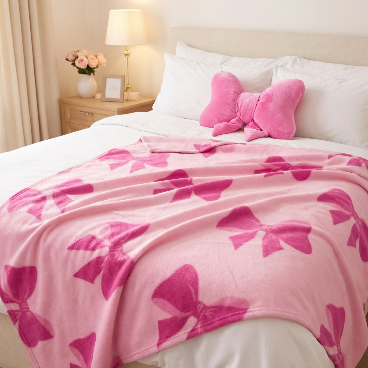  OHS Bow Print Fleece Throw, Pink - 120 x 150cm>