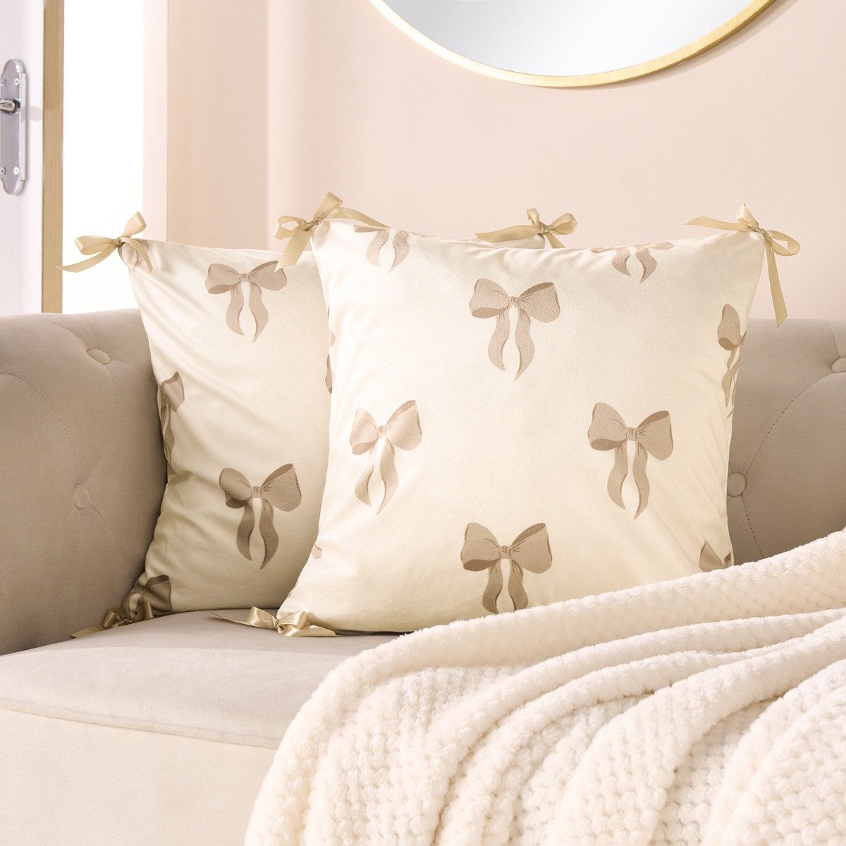 OHS Bow Print Cushion Covers - Cream>