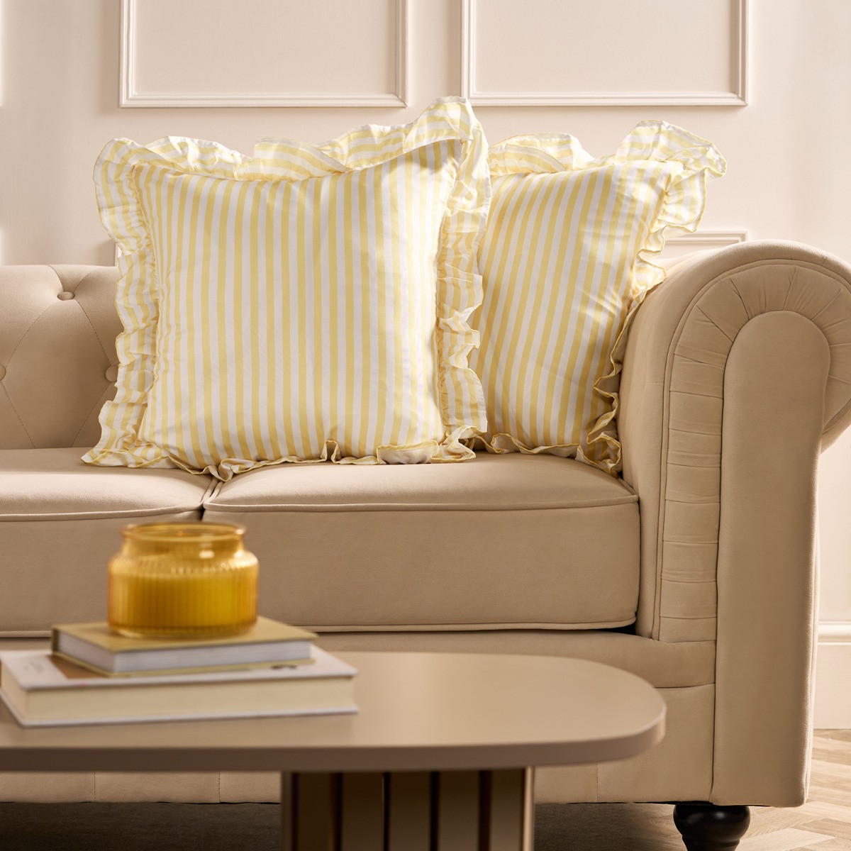 OHS Stripe Print Frill Cushion Covers - Lemon>