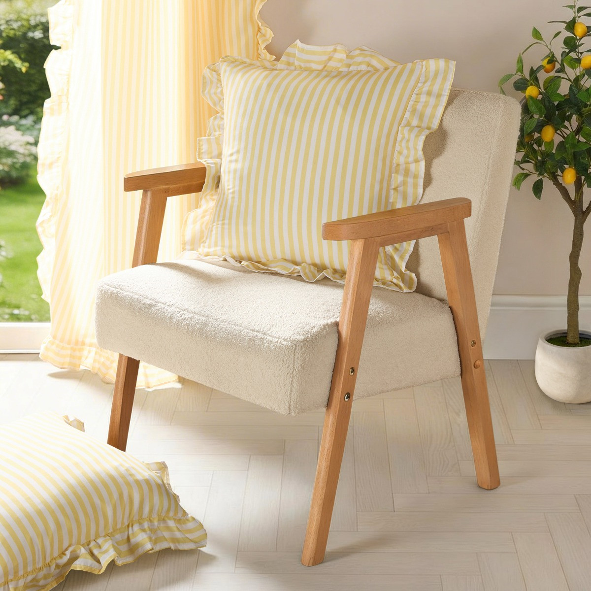OHS 4 Pack Stripe Print Frill Cushion Covers with Cushion - Lemon>