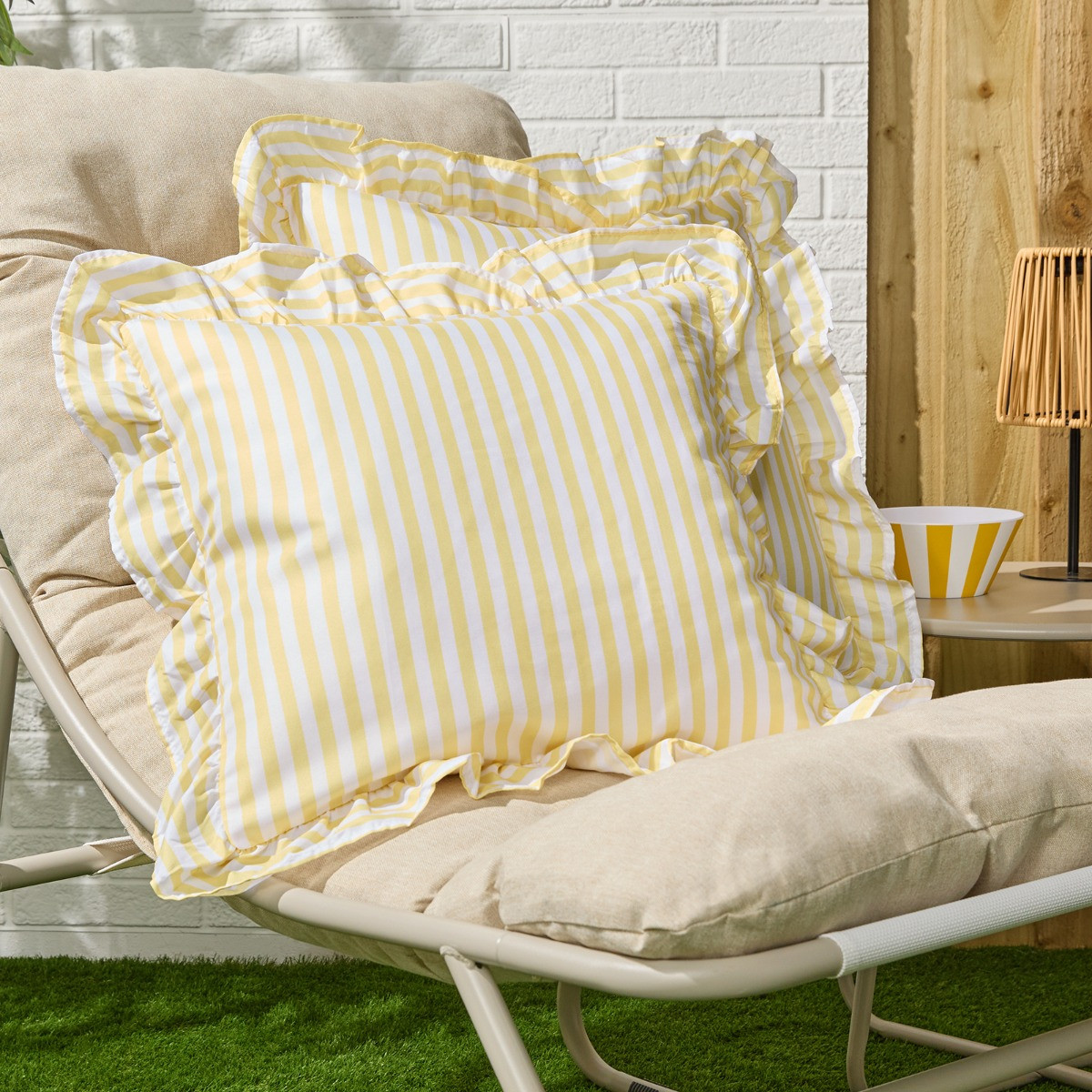 OHS Stripe Print Frill Cushion Covers, Lemon - 45 x 45cm>