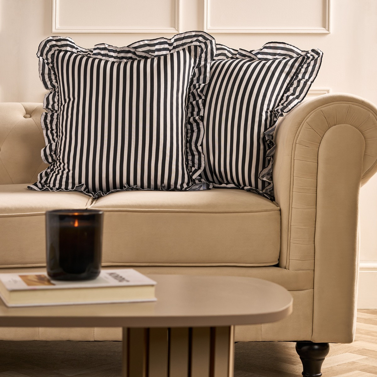 OHS Stripe Print Frill Cushion Covers - Monochrome>