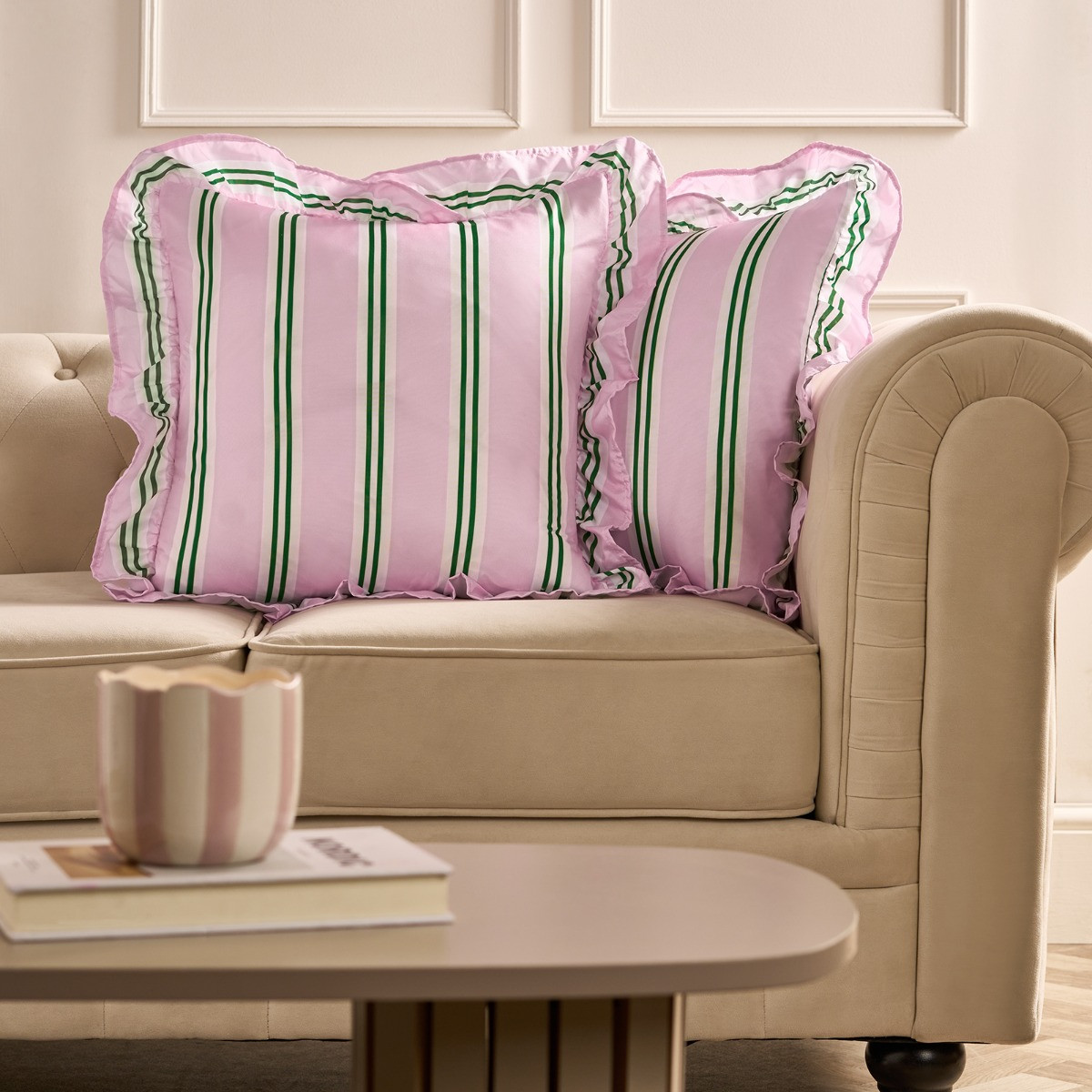 OHS Stripe Print Frill Cushion Covers - Pink/Green>