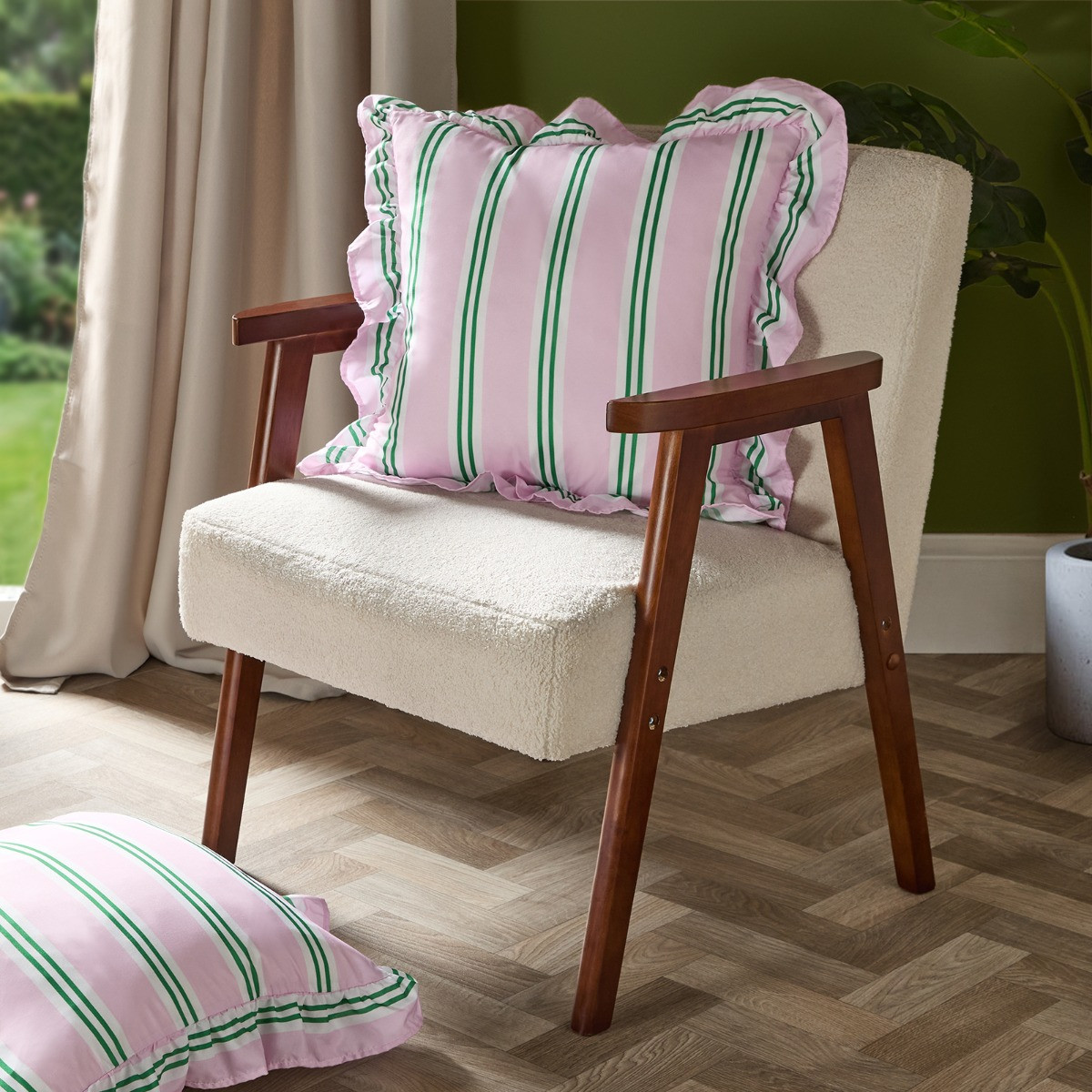OHS Stripe Print Frill Cushion Covers - Pink/Green>