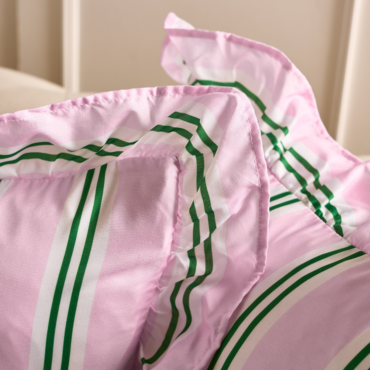 OHS Stripe Print Frill Cushion Covers - Pink/Green>
