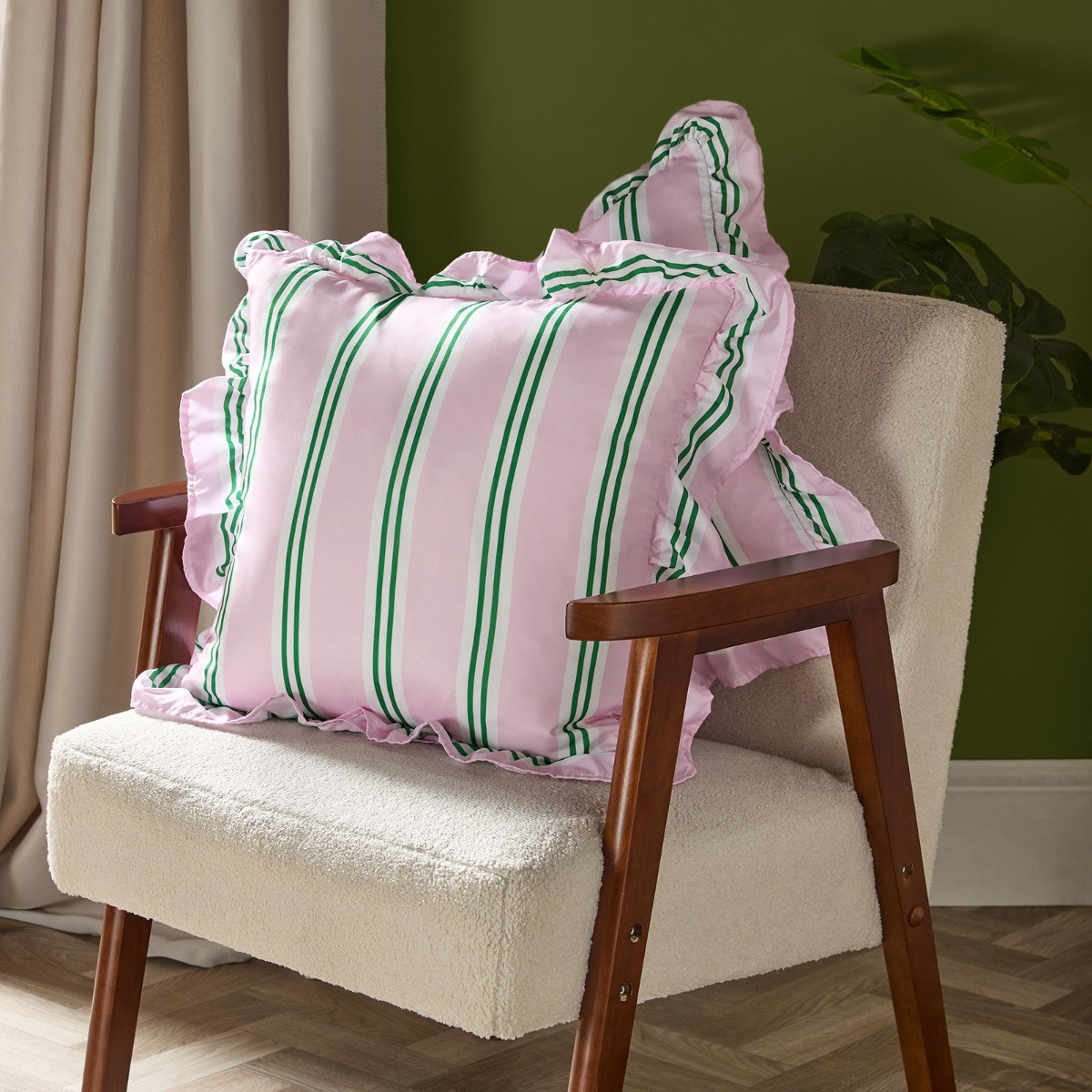OHS Stripe Print Frill Cushion Covers - Pink/Green>