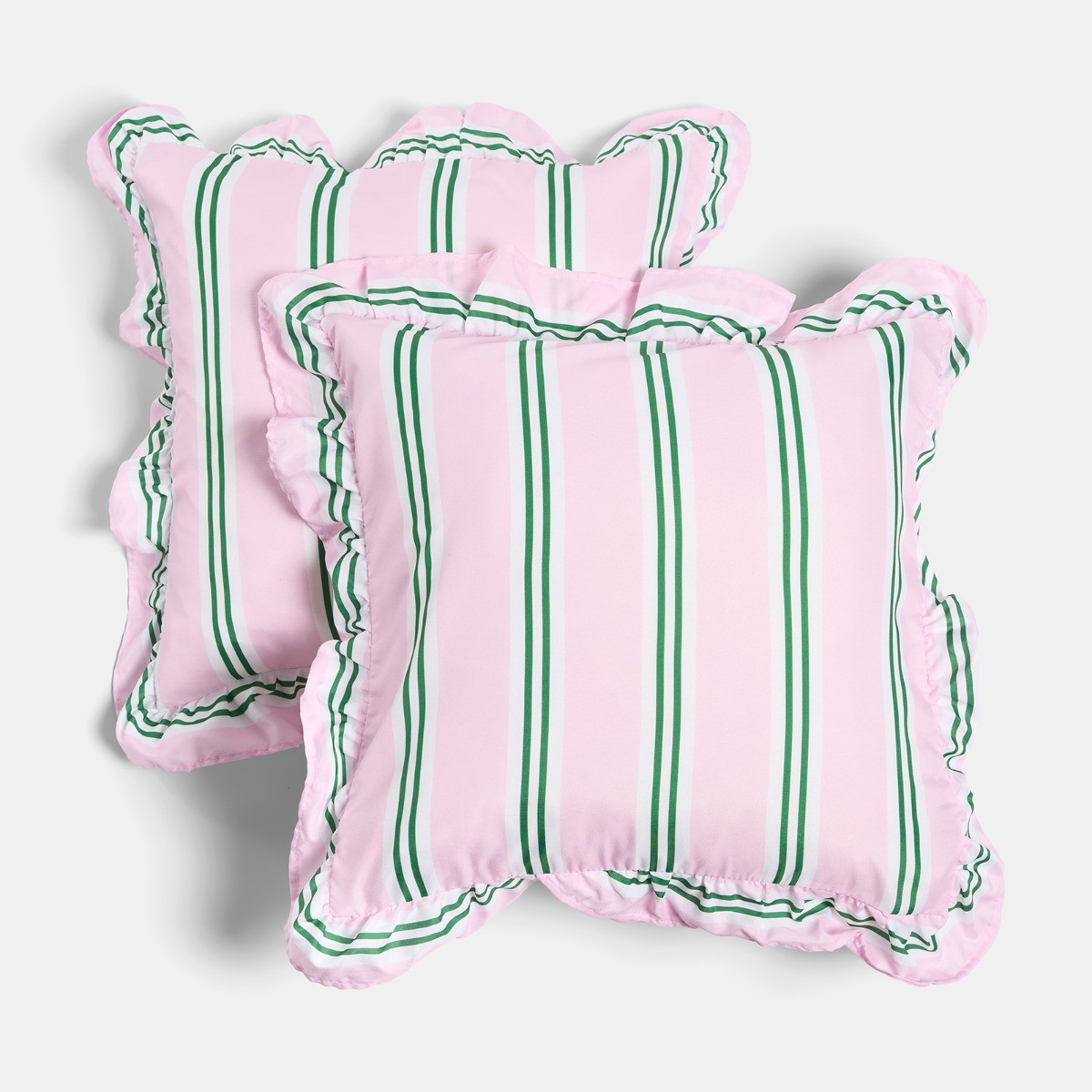 OHS Stripe Print Frill Cushion Covers - Pink/Green>