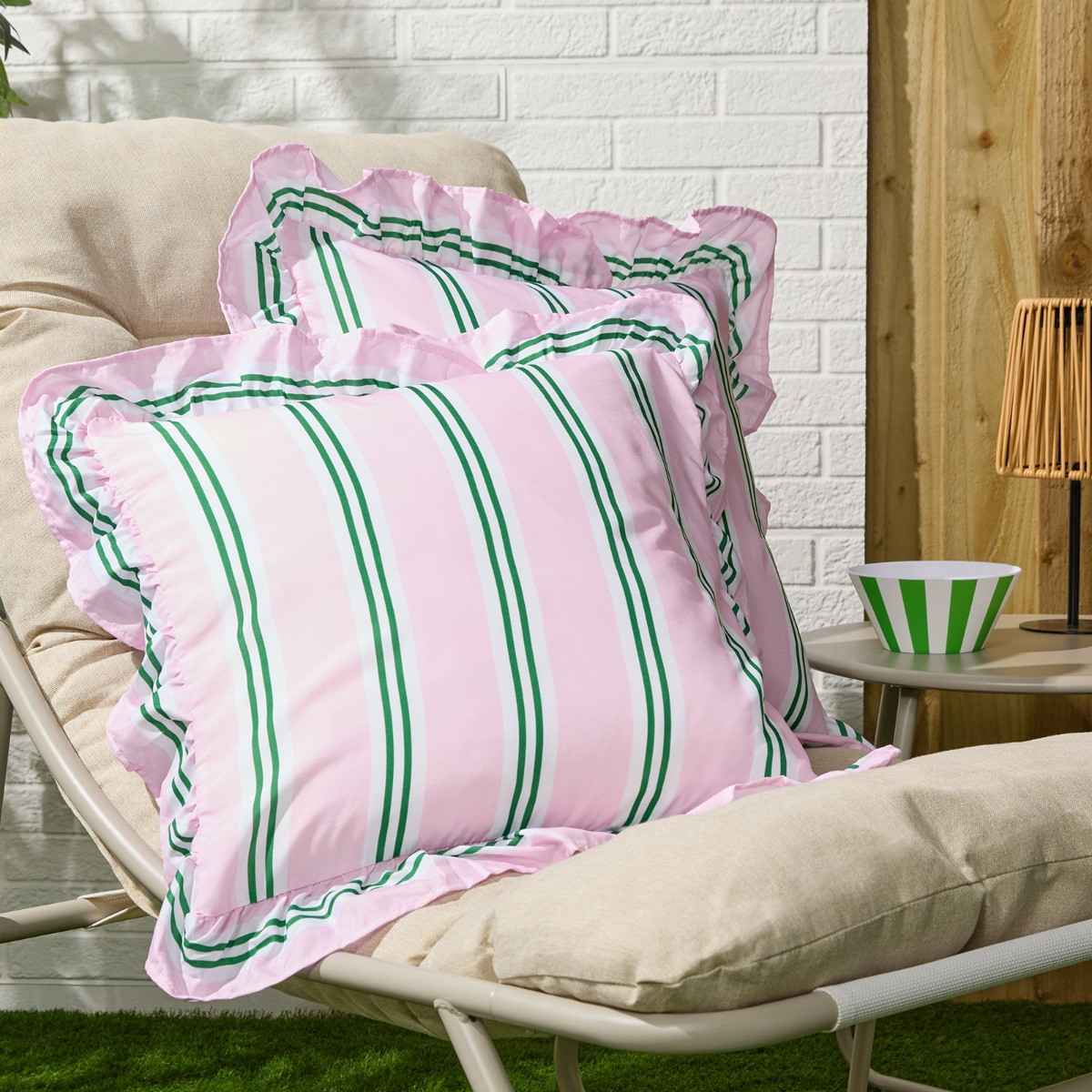 OHS Stripe Print Frill Cushion Covers - Pink/Green>