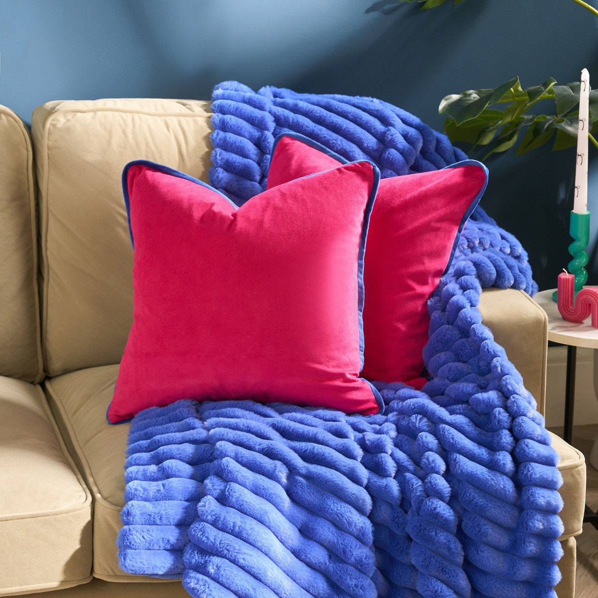 OHS Matte Velvet Piped Edge Cushion Covers - Hot Pink/Blue>