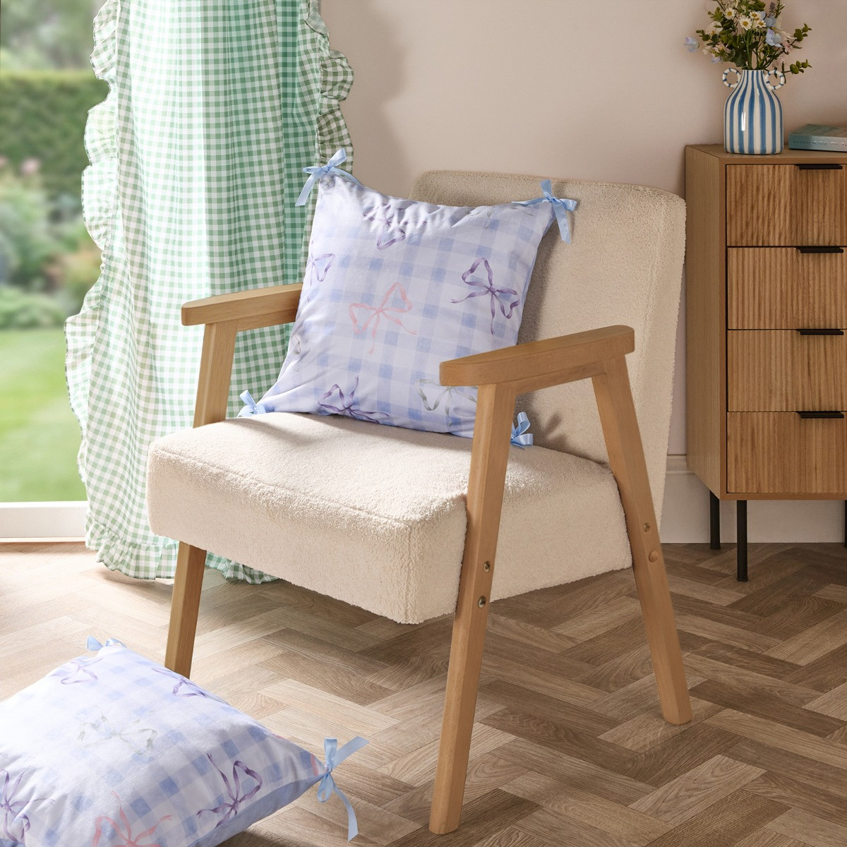 OHS Bow Gingham Print Cushion Covers - Blue>