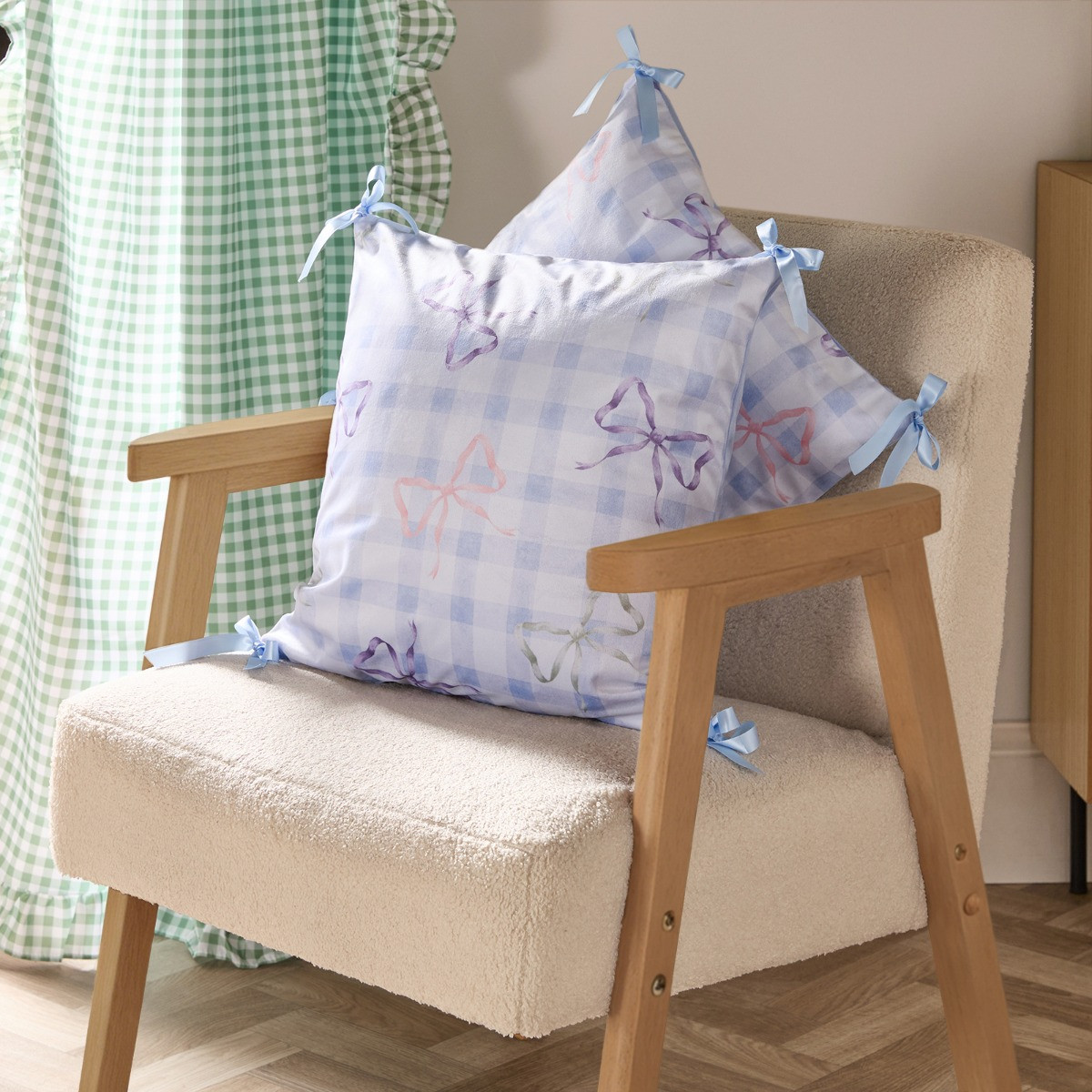 OHS Bow Gingham Print Cushion Covers - Blue>