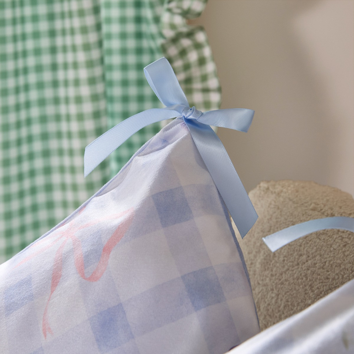 OHS Bow Gingham Print Cushion Covers - Blue>