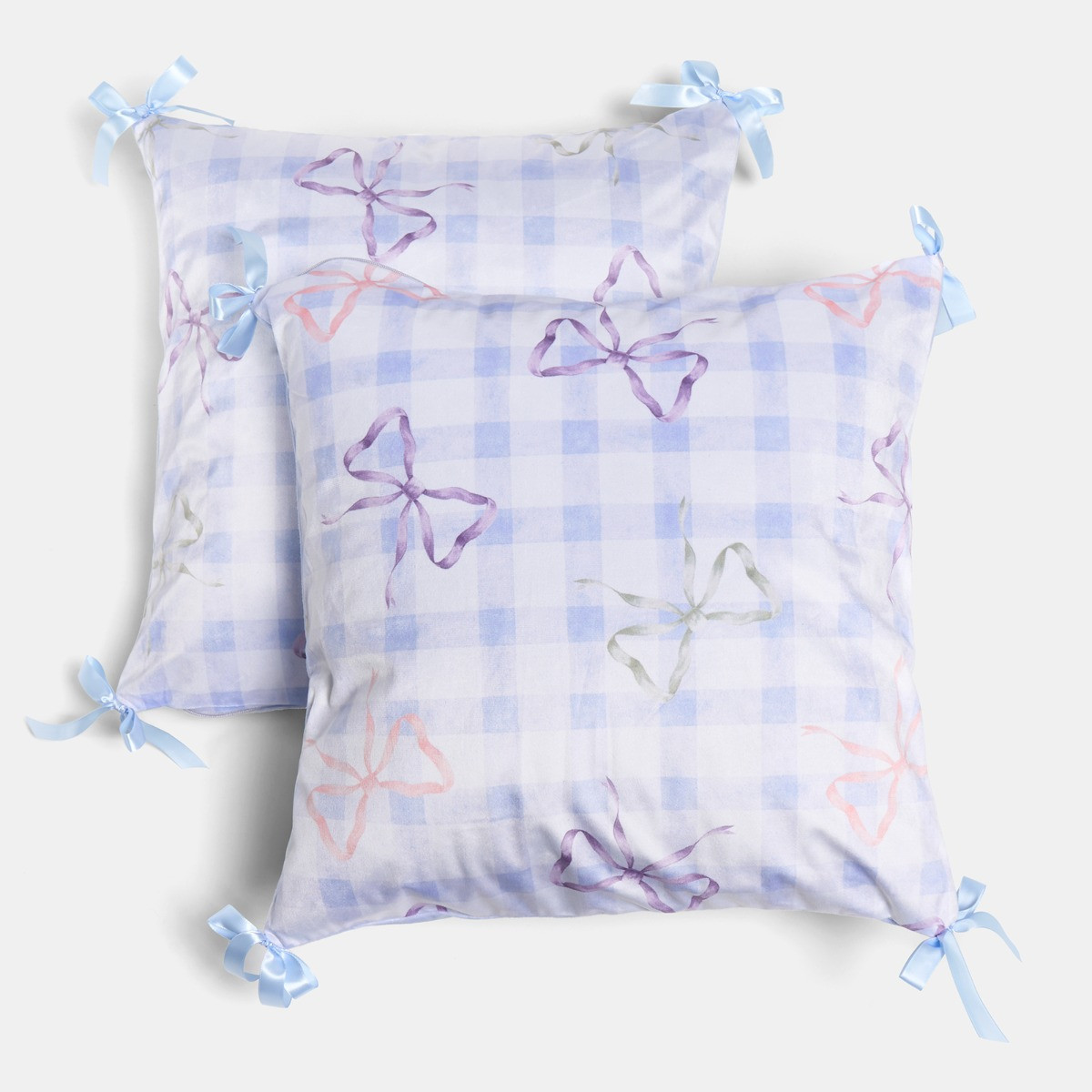 OHS 4 Pack Bow Gingham Print Cushion Covers with Cushion - Blue>