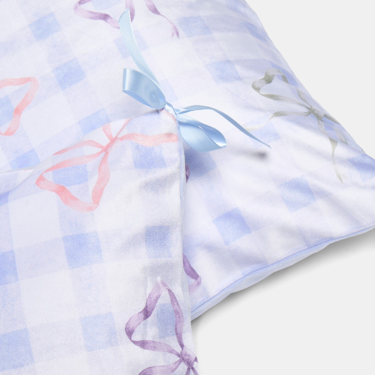 OHS Bow Gingham Print Cushion Covers - Blue>