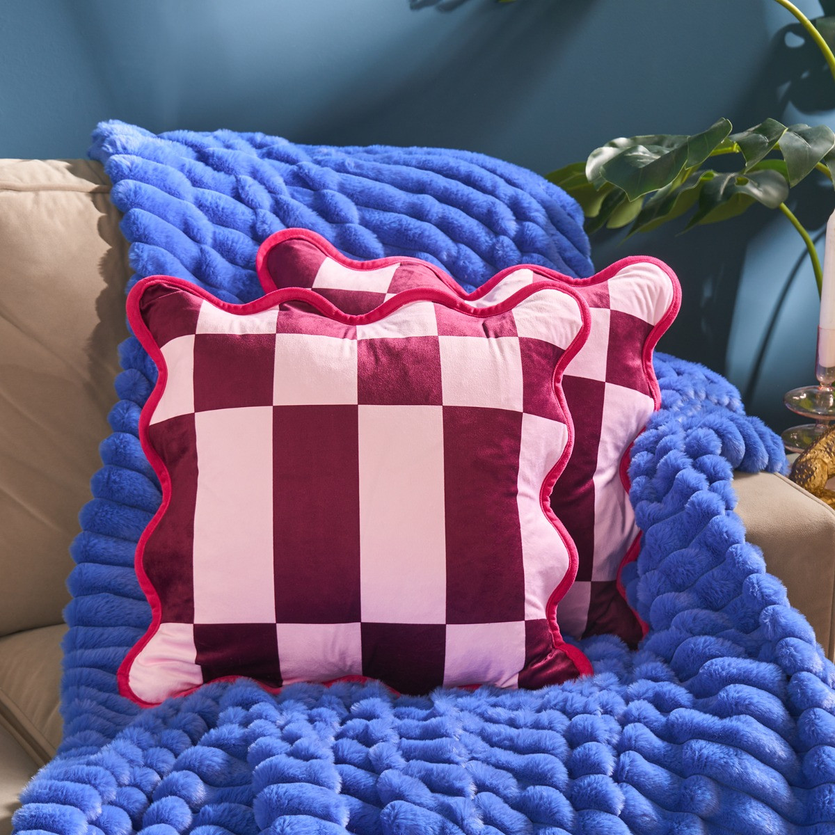 OHS Velvet Check Scallop Edge Cushion Covers, Burgundy/Pink - 45 x 45cm>