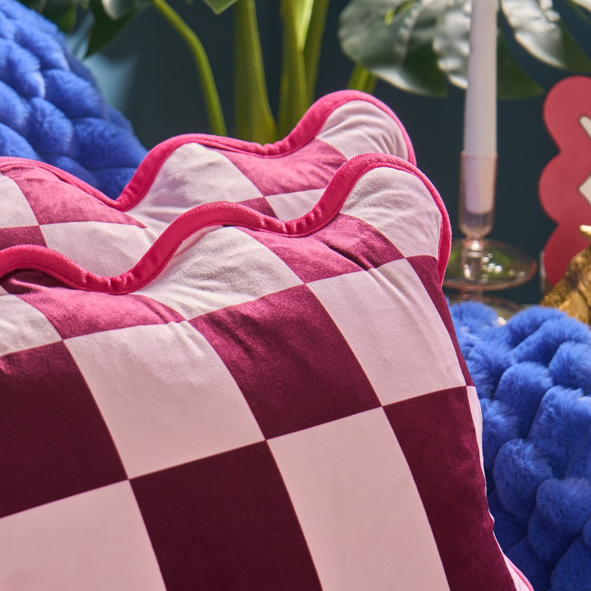 OHS Velvet Check Scallop Edge Cushion Covers, Burgundy/Pink - 45 x 45cm>