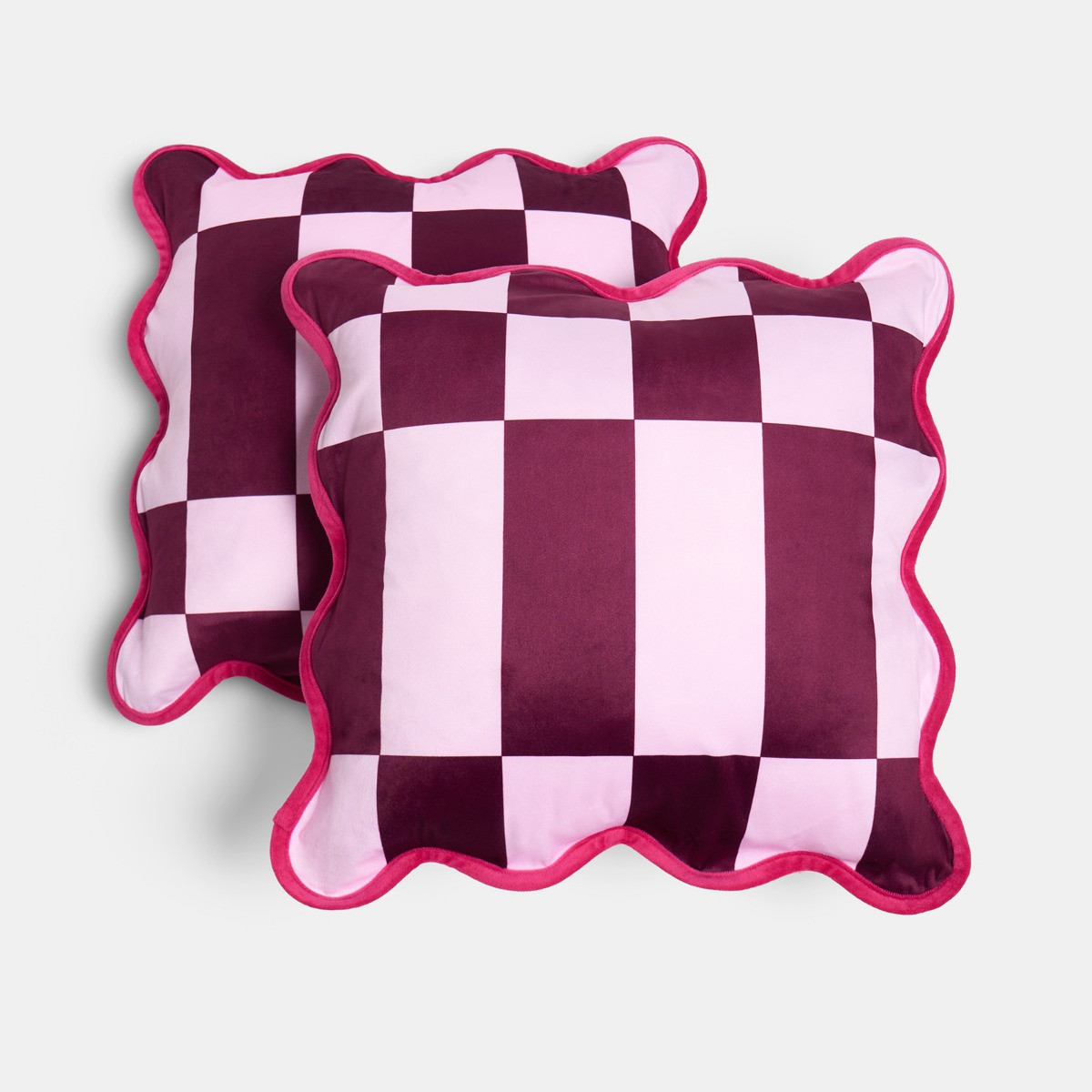 OHS Velvet Check Scallop Edge Cushion Covers, Burgundy/Pink - 45 x 45cm>