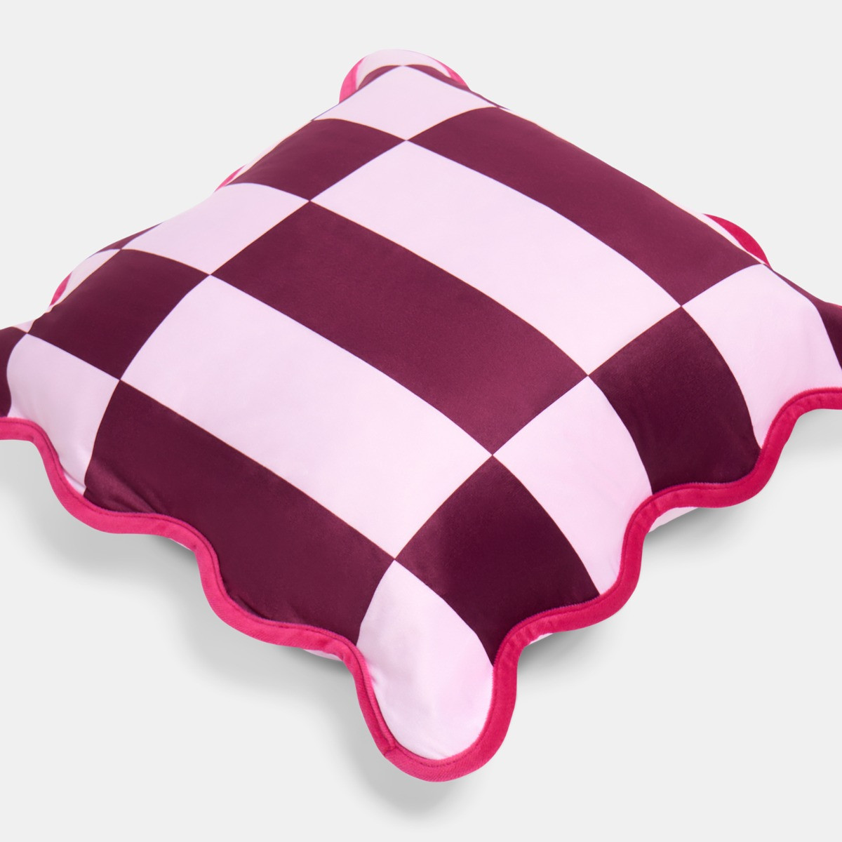 OHS Velvet Check Scallop Edge Cushion Covers - Burgundy/Pink>