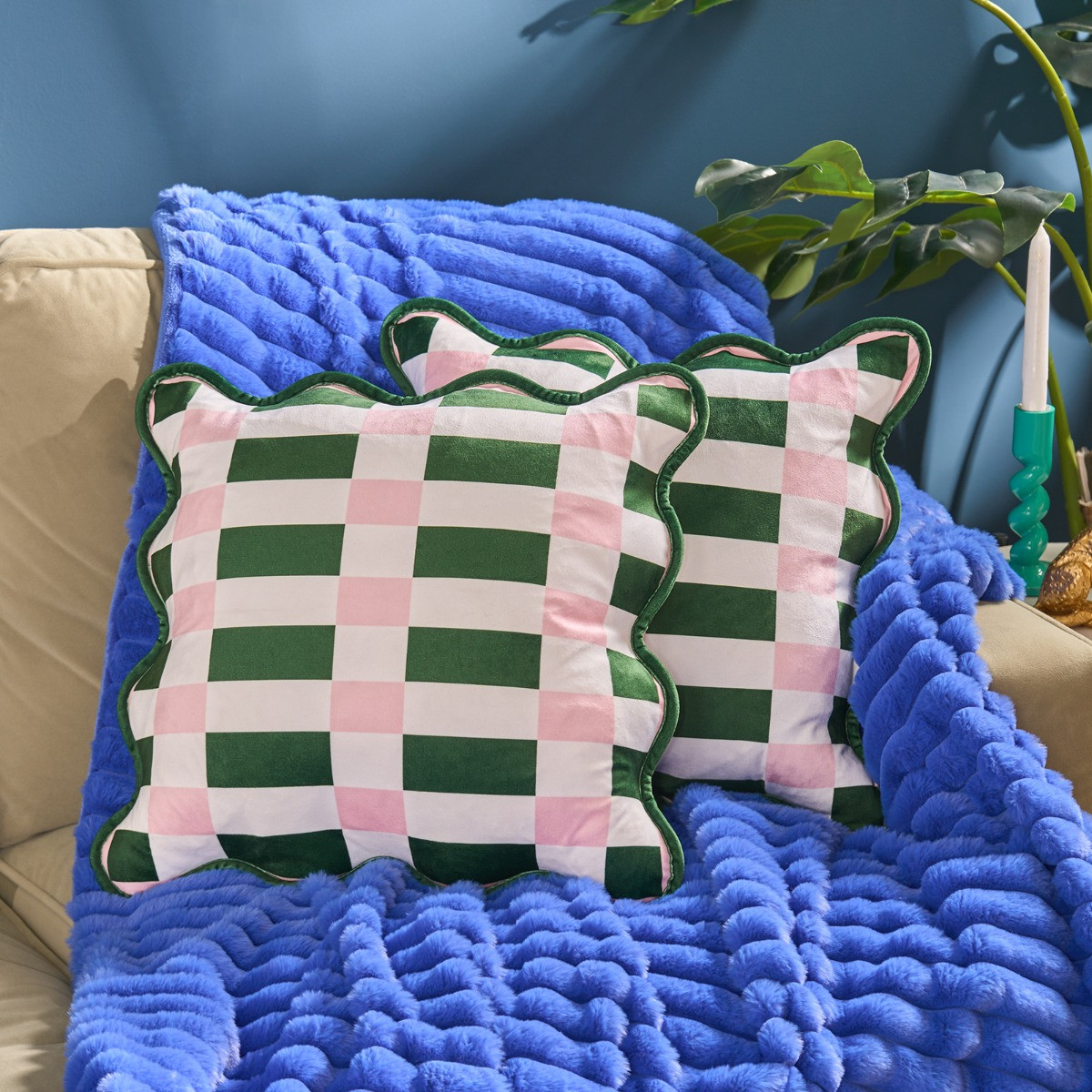 OHS Geometric Print Velvet Scallop Edge Cushion Covers, Green/Pink - 45 x 45cm>