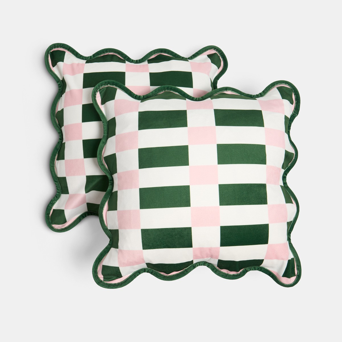 OHS Geometric Print Velvet Scallop Edge Cushion Covers, Green/Pink - 45 x 45cm>