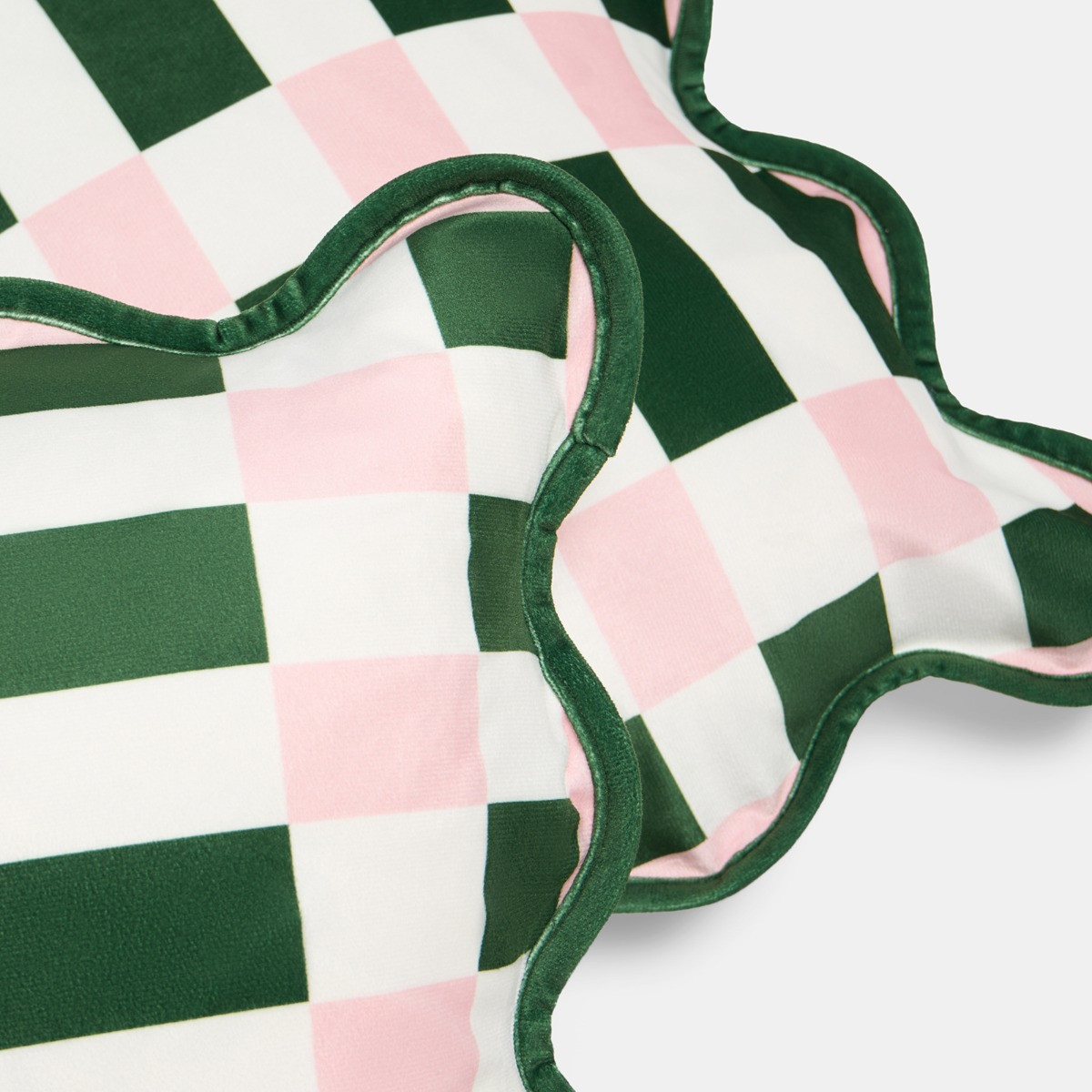 OHS Geometric Print Velvet Scallop Edge Cushion Covers - Green/Pink>