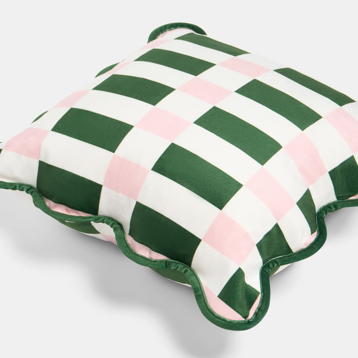 OHS Geometric Print Velvet Scallop Edge Cushion Covers - Green/Pink>