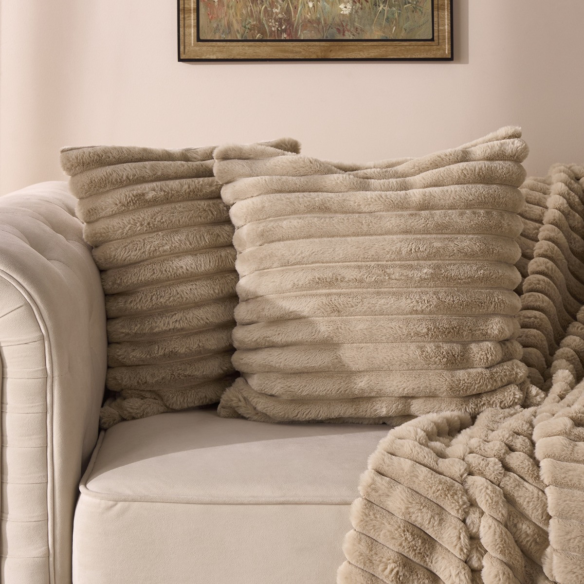 OHS 4 Pack Faux Fur Thick Ribbed Cushion Covers with Cushion - Mink>