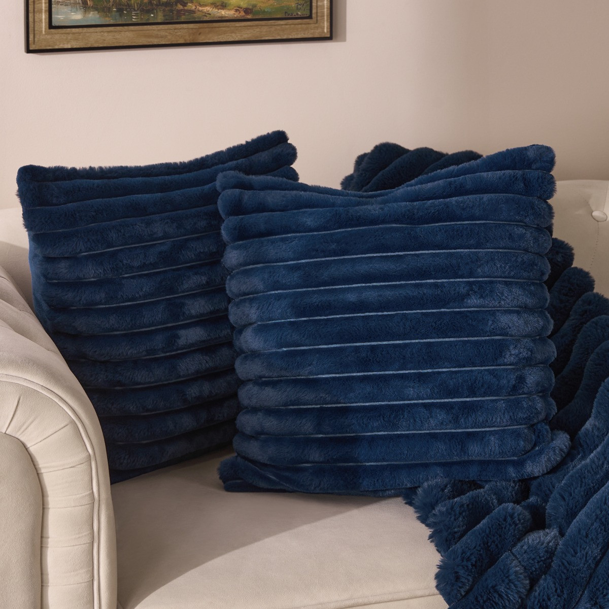 OHS Faux Fur Thick Ribbed Cushion Covers - Navy>