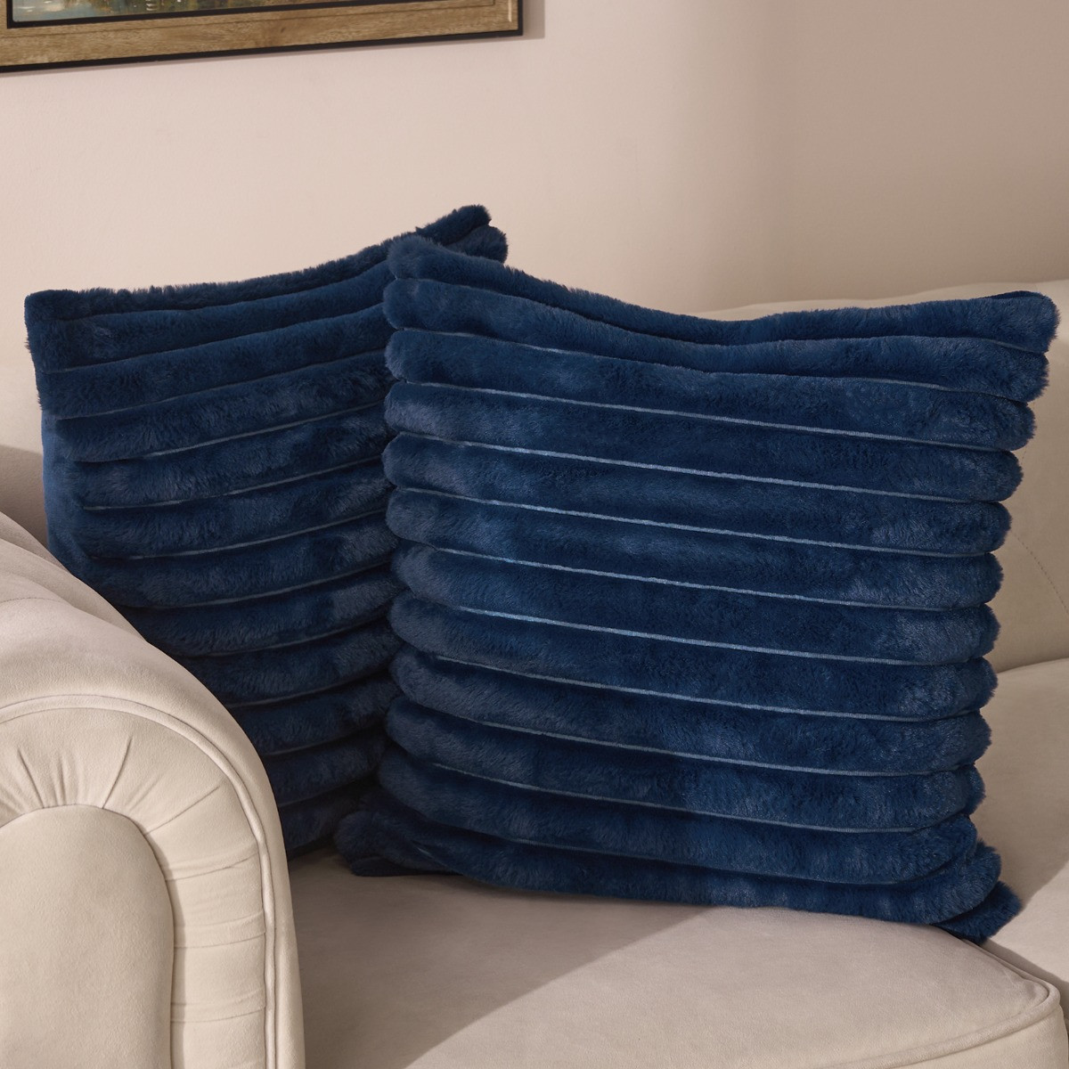 OHS Faux Fur Thick Ribbed Cushion Covers, Navy - 45 x 45cm>