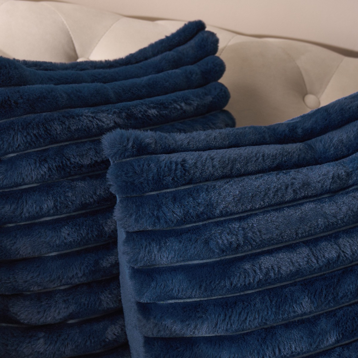 OHS Faux Fur Thick Ribbed Cushion Covers, Navy - 45 x 45cm>