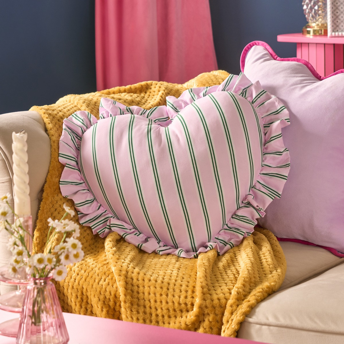 OHS Frill Heart Shaped Stripe Cushion - Pink/Green>