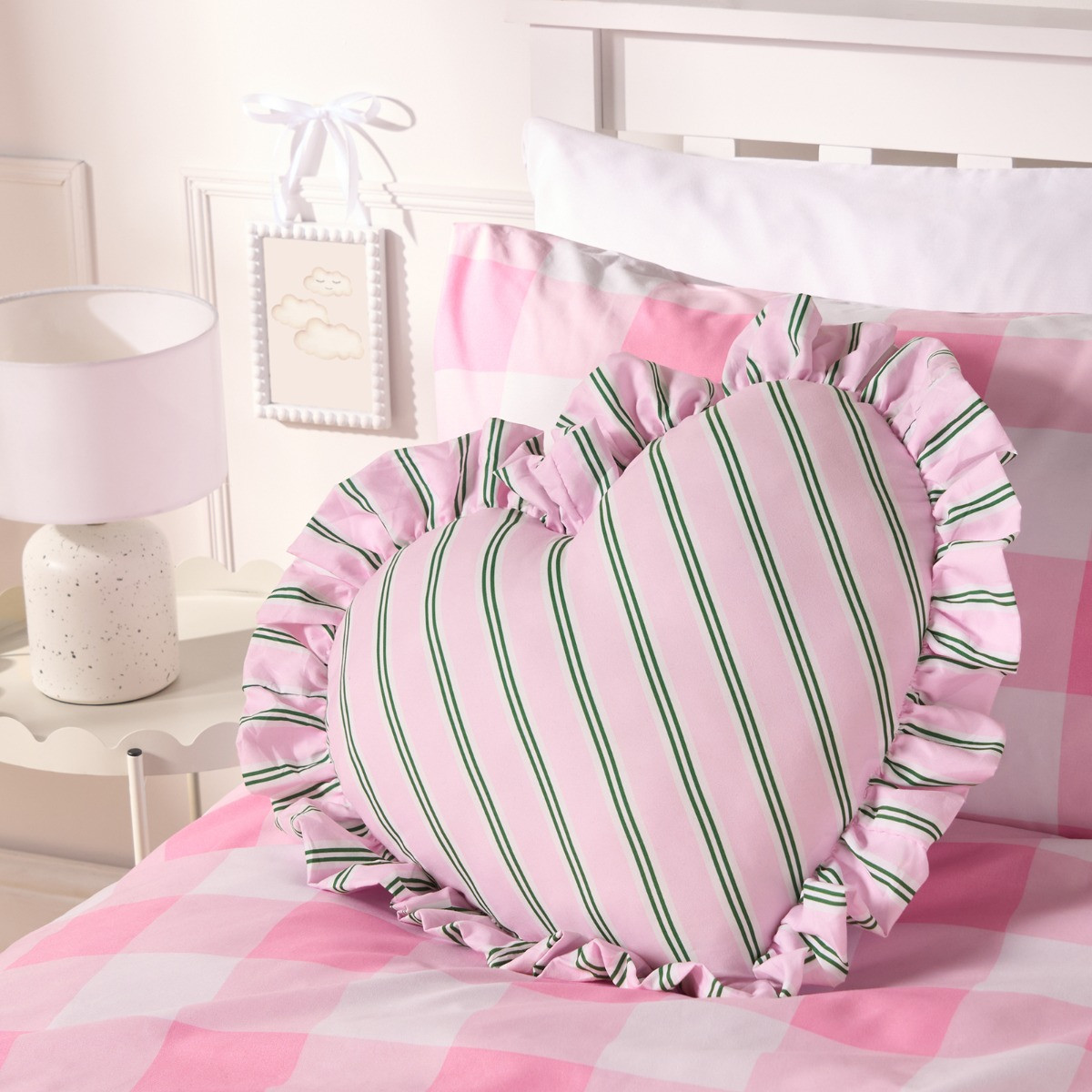 OHS Frill Heart Shaped Stripe Cushion - Pink/Green>