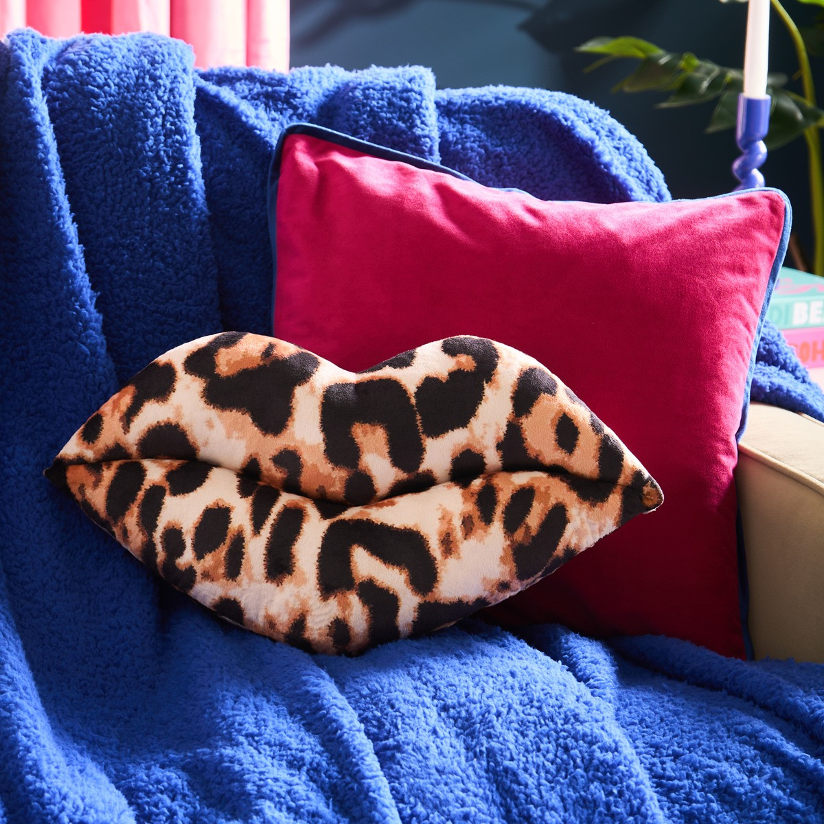 OHS Leopard Print Lips Shaped Cushion - Natural>