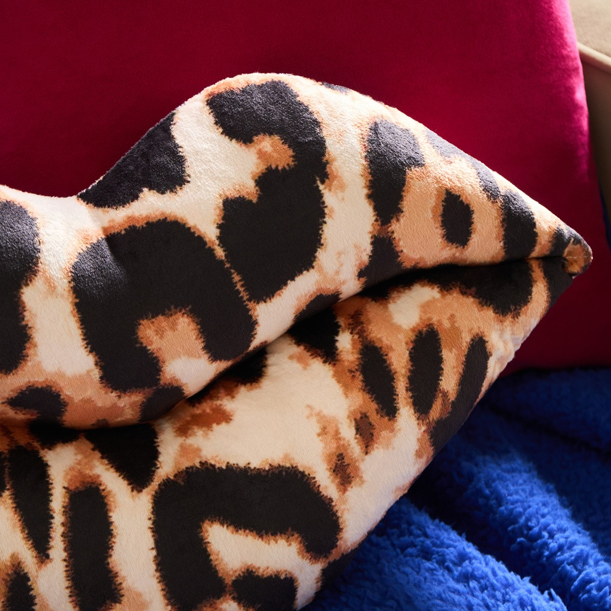 OHS Leopard Print Lips Shaped Cushion - Natural>