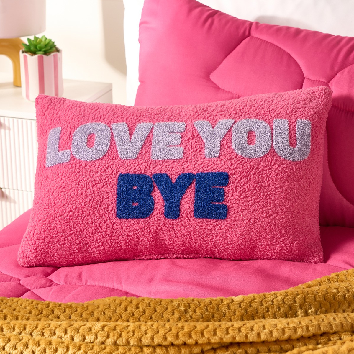 OHS Love You Bye Slogan Cushion - Pink/Blue>