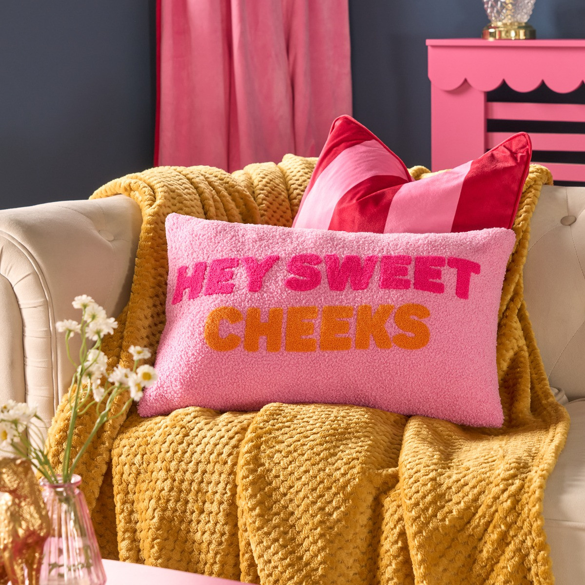 OHS Hey Sweet Cheeks Slogan Cushion - Pink/Orange >