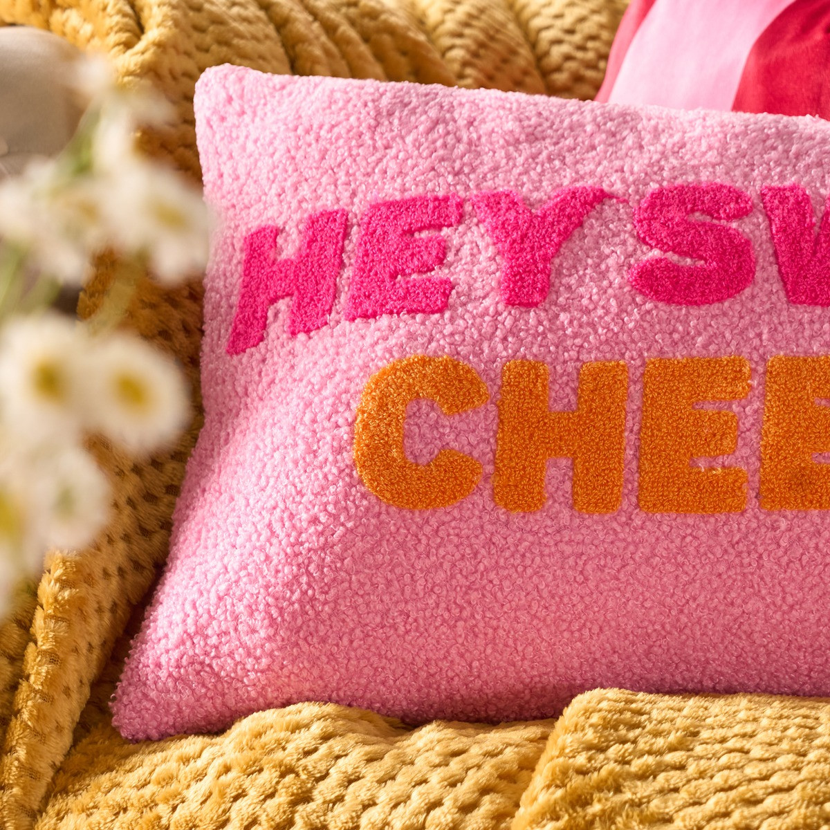 OHS Hey Sweet Cheeks Slogan Cushion - Pink/Orange >