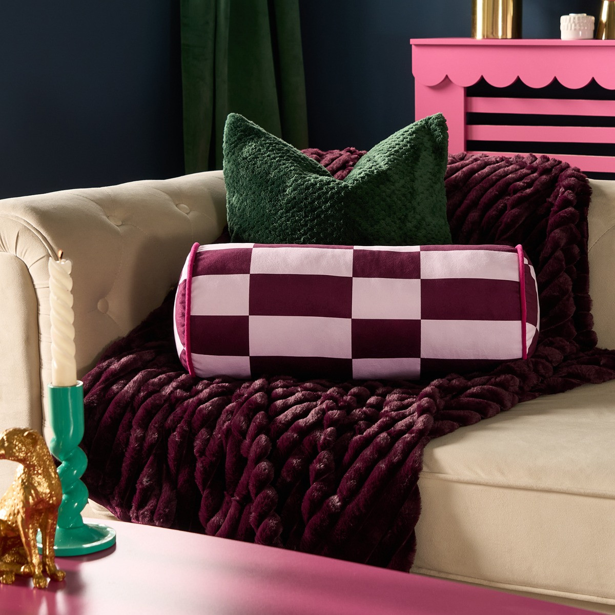 OHS Check Print Bolster Pillow - Pink/Burgundy>